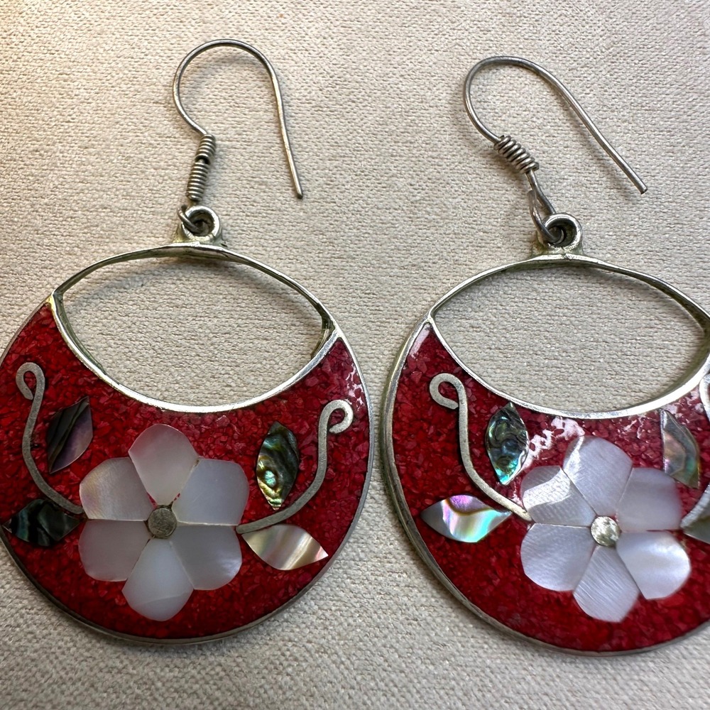 Alpaca Mexico Women Earrings Red Inlay Mother of Pearl Abalone Shell Boho Floral